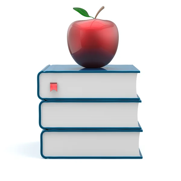 Textbook stack blue books blank and red apple knowledge — Stockfoto