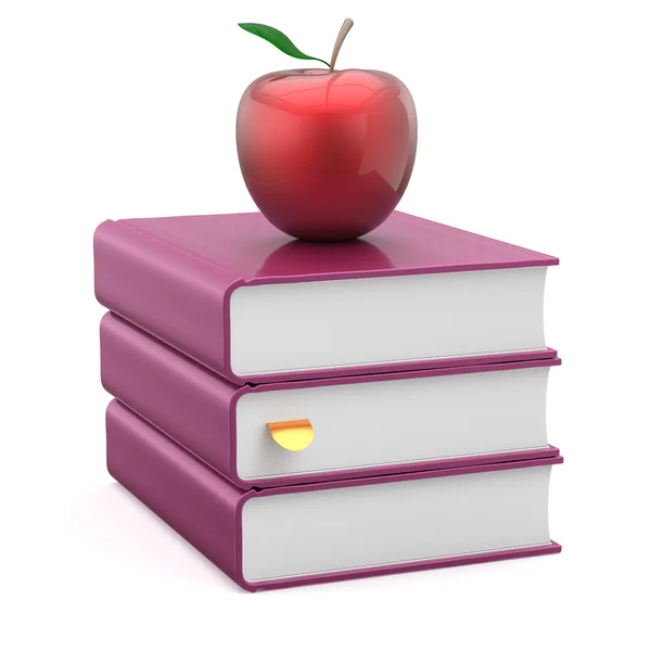 Textbook stack books purple blank covers red apple icon — Φωτογραφία Αρχείου