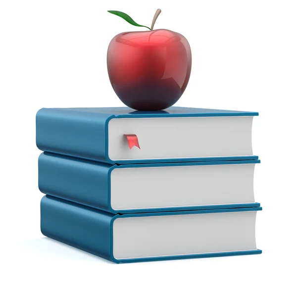 Blaue Bücher leere Lehrbücher stapeln sich und roter Apfel Wissen — Stockfoto