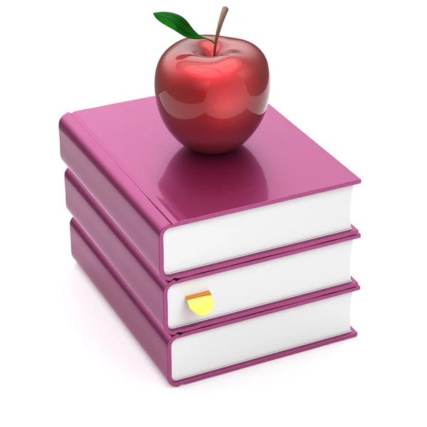 Books purple blank covers textbooks stack and red apple — Stock Photo, Image