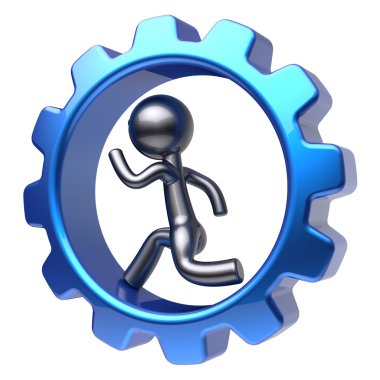 Man character running inside gearwheel businessman work