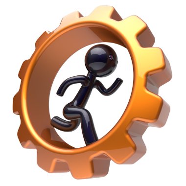 Man character running inside gearwheel businessman work