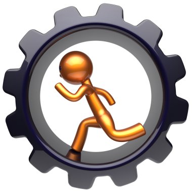 Man character gear wheel running work inside cogwheel