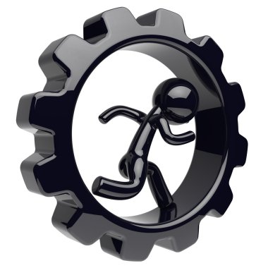 Man character runner inside gear wheel gearwheel cogwheel