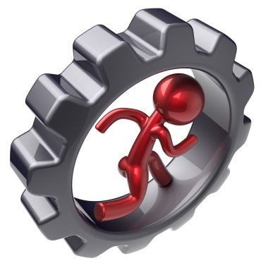 Running man character inside gearwheel rotate cogwheel