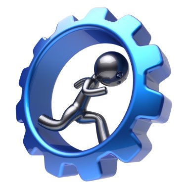 Man human character running inside blue gearwheel hard