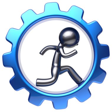 Character running man inside gear wheel businessman work