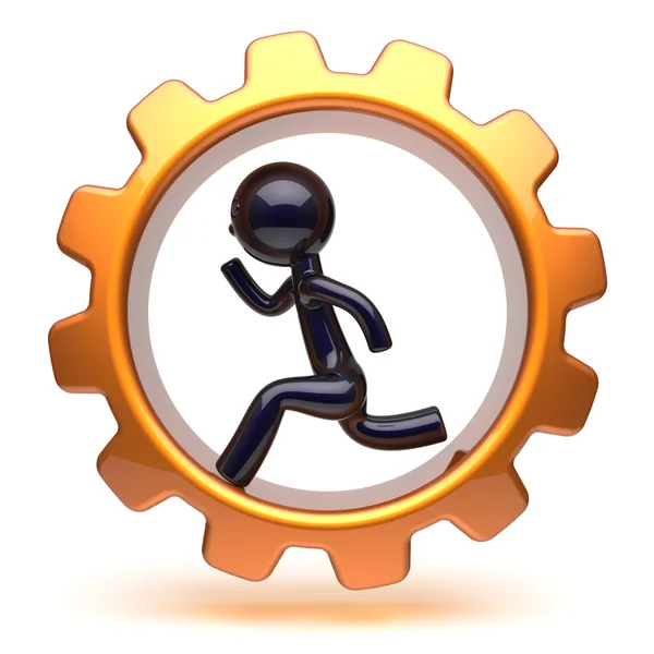 Man character running inside gearwheel businessman work — 스톡 사진