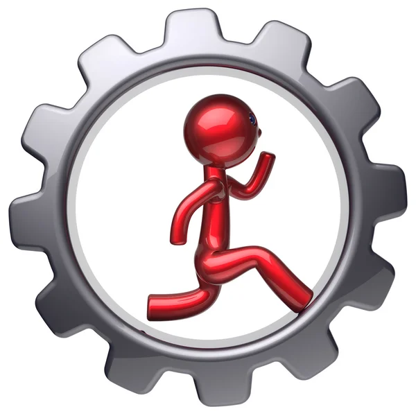 Running man character red cartoon guy inside gearwheel — Stock Photo, Image