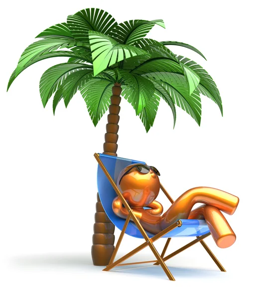 Man relaxing chilling beach deck chair palm tree character — Stok fotoğraf