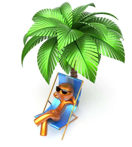 Man character relaxing beach deck chair palm tree chilling — Zdjęcie stockowe