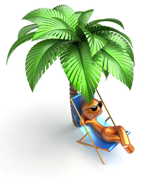 Man character deck chair palm tree relaxing chilling beach — Stok fotoğraf