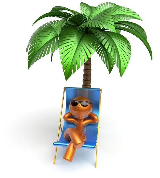 Man character relaxing chilling beach deck chair palm tree — Zdjęcie stockowe