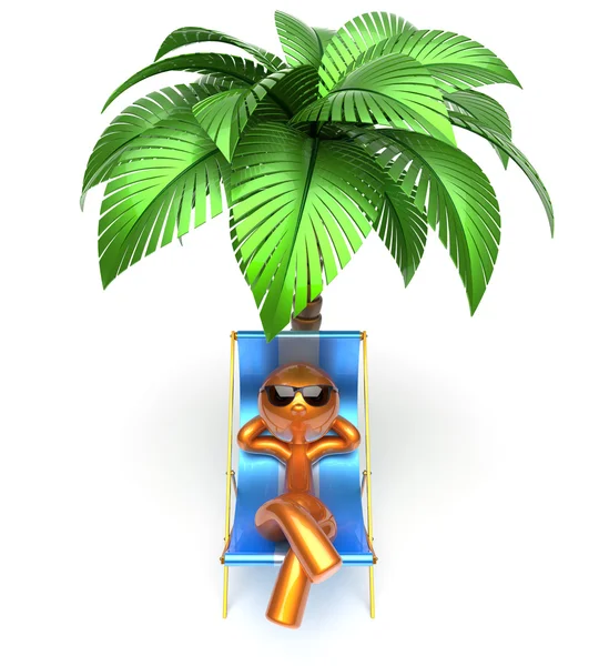 Man character relaxing deck chair palm tree chilling beach — Φωτογραφία Αρχείου