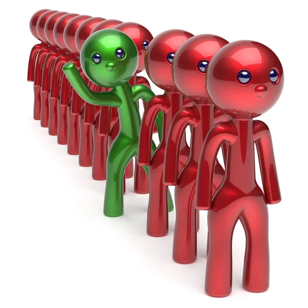 Man stand out from the red crowd different people character — Stock Photo, Image