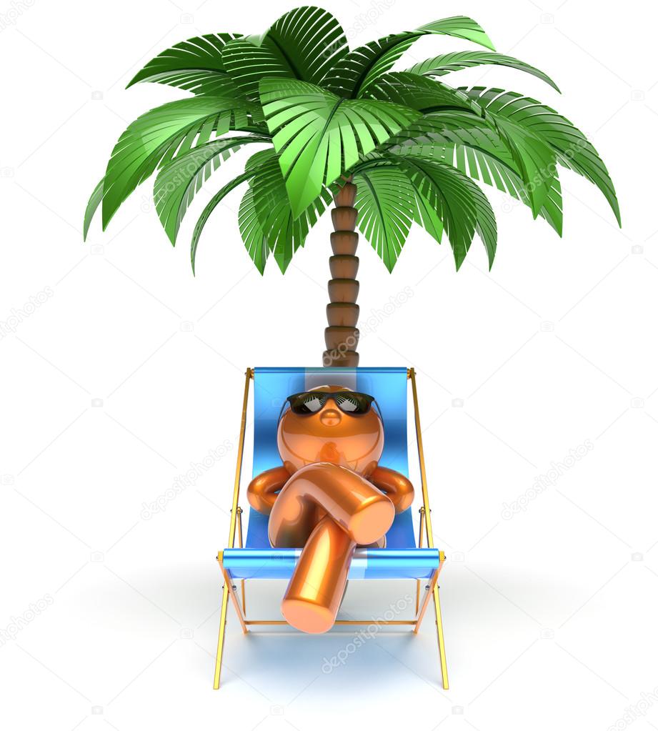 Man cartoon character relaxing beach deck chair palm tree