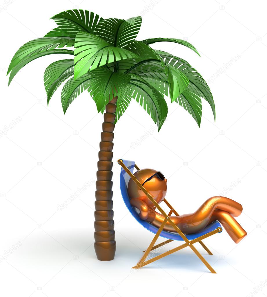 Man character palm tree relaxing chilling beach deck chair