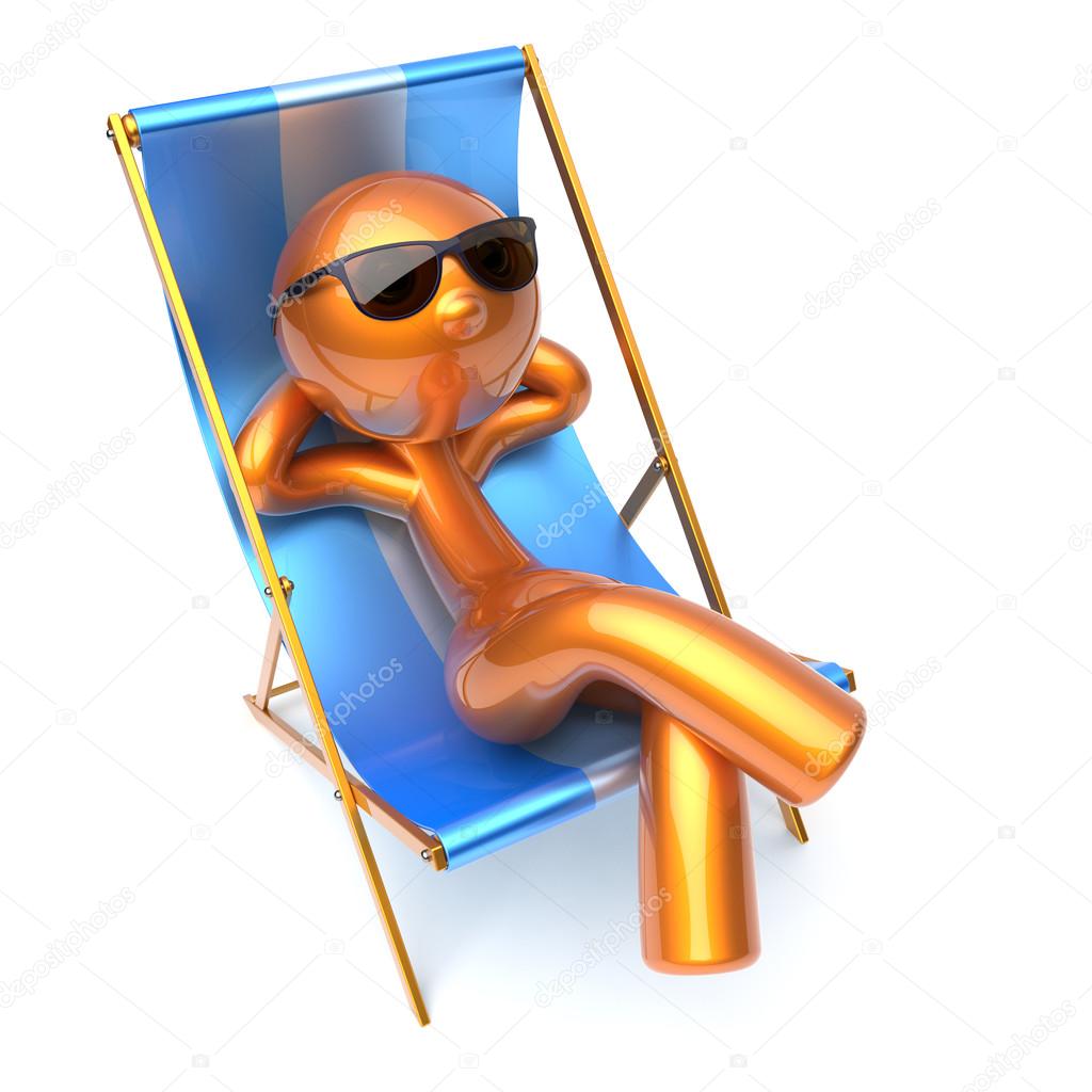 Man character relaxing carefree beach deck chair sunglasses