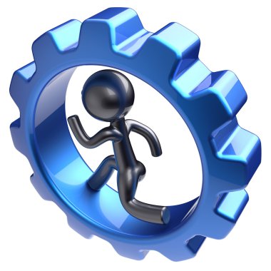 Man character human running inside gearwheel gear wheel