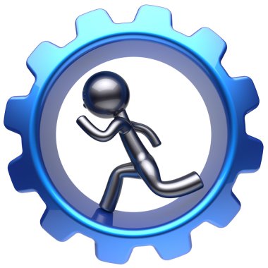 Cartoon guy character running man inside gear wheel icon