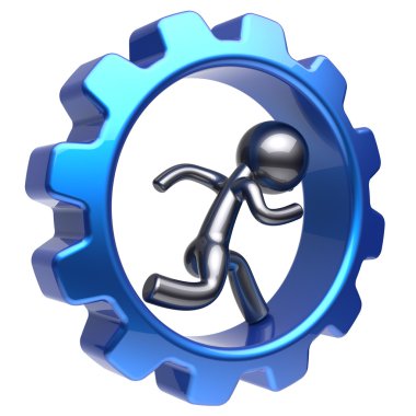 Running man human character inside gearwheel cogwheel