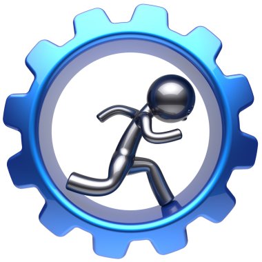 Businessman character running inside gearwheel cogwheel