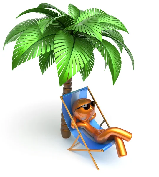 Man character relaxing deck chair palm tree chilling beach — ストック写真