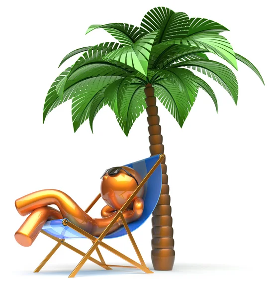Chilling man character palm tree relaxing beach deck chair — Stok fotoğraf