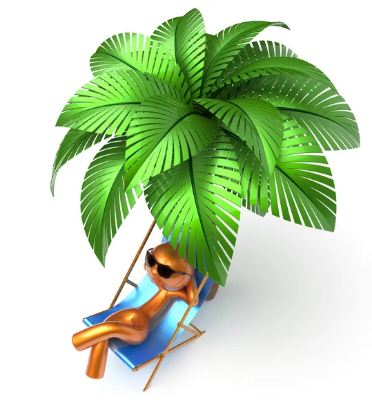 Relaxing chilling man character palm tree beach deck chair — Zdjęcie stockowe