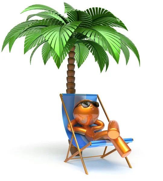 Relaxing man character deck chair palm tree chilling beach — Stock Photo, Image