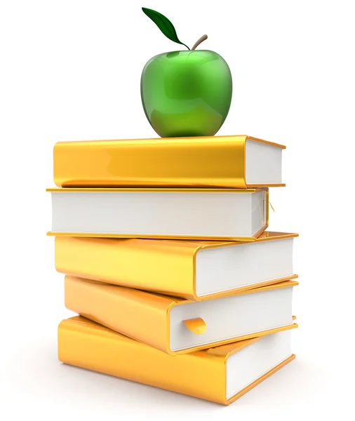 Books stack golden yellow textbook covers green apple icon — Stock Photo, Image