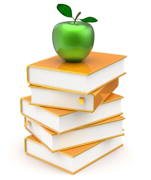 Gold books stack golden yellow textbooks green apple — Stock Photo, Image