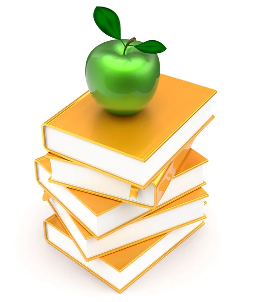 Books stack textbook golden apple green covers yellow — Stock Photo, Image