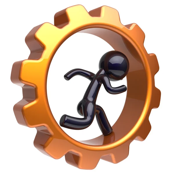 Gearwheel man character running inside gear wheel stylized — 图库照片