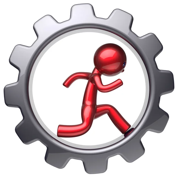 Running man stylized red character inside black gear wheel — Stock fotografie