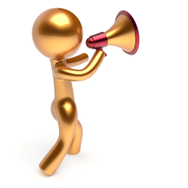 Man character speaking megaphone making announcement — Stok fotoğraf