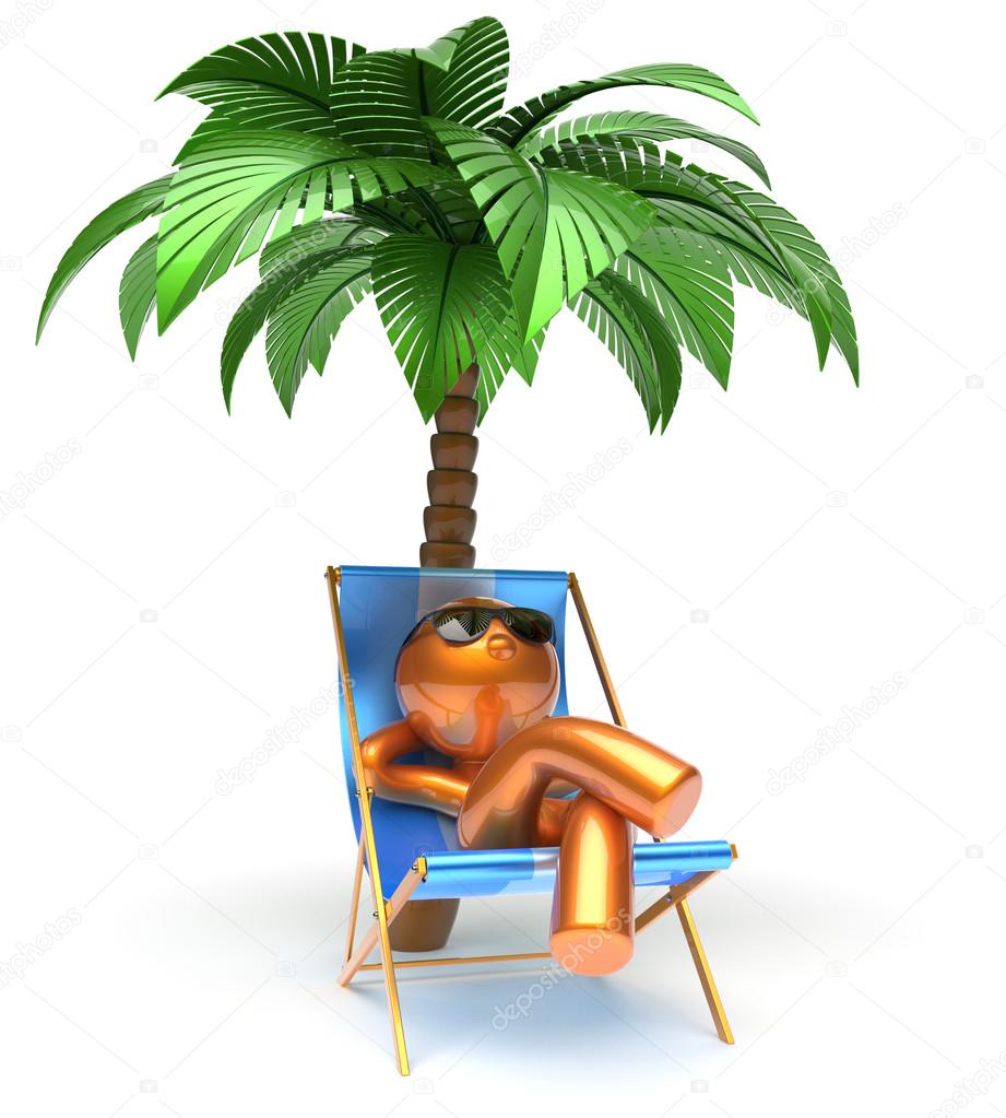 Chilling man character palm tree relaxing beach deck chair