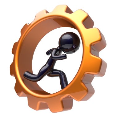 Man character inside gear wheel running cogwheel business
