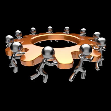 Gear wheel teamwork turning gearwheel action team work men