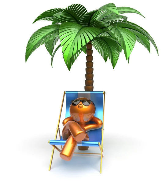 Chilling man cartoon character beach deck chair relaxing palm — Zdjęcie stockowe