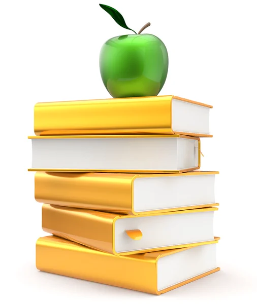 Books literature golden yellow textbook stack apple green — Stock Photo, Image