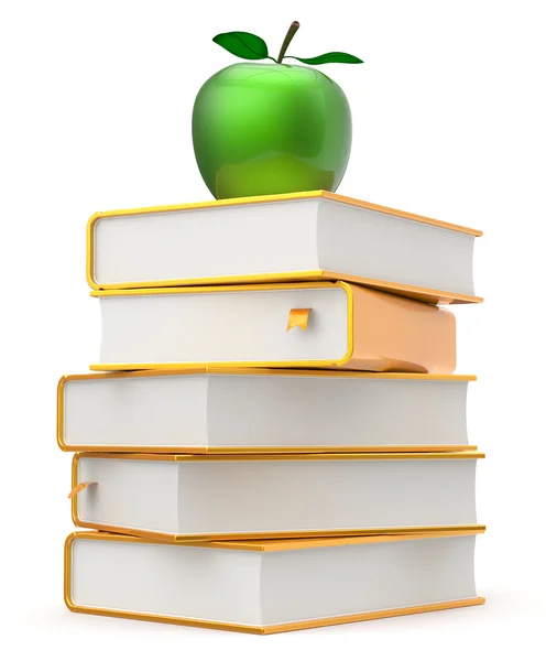 Books literature textbook stack yellow gold golden green apple — Stock Photo, Image