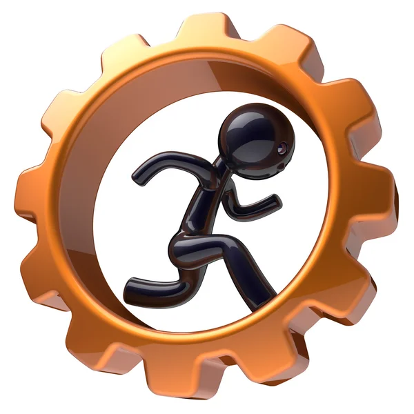 Personagem homem correndo dentro da roda de engrenagem ícone empresário — Fotografia de Stock