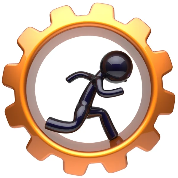 Man character inside gear wheel run businessman cogwheel — Stockfoto