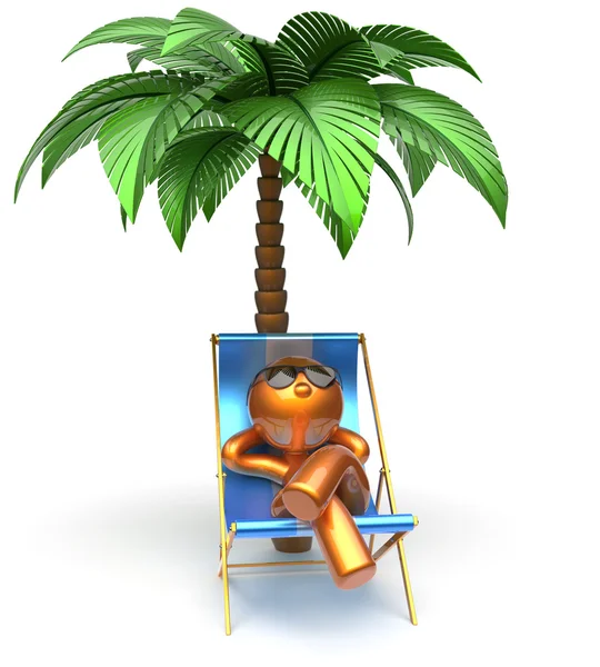 Chilling beach cartoon character deck chair man relaxing — ストック写真