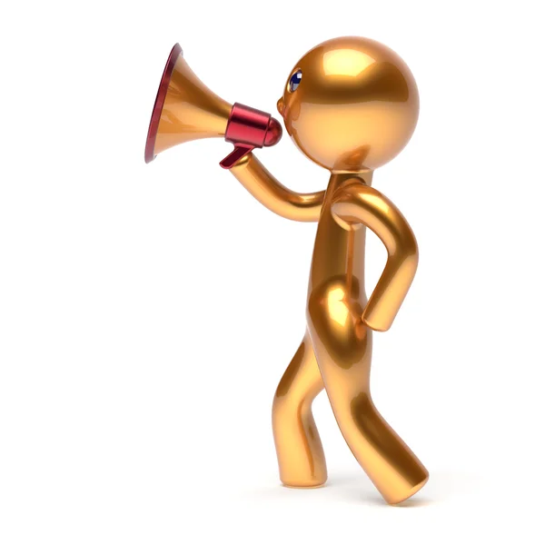 Man speaking bullhorn megaphone character announcement — Stok fotoğraf