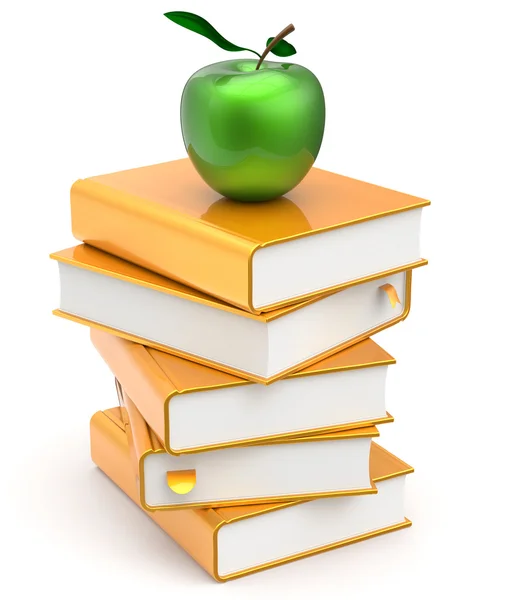 Textbook books stack yellow studying literature and apple — Stock Photo, Image