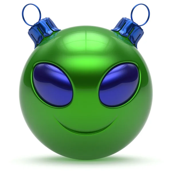Christmas ball smiley alien face Happy New Year bauble green — Stockfoto