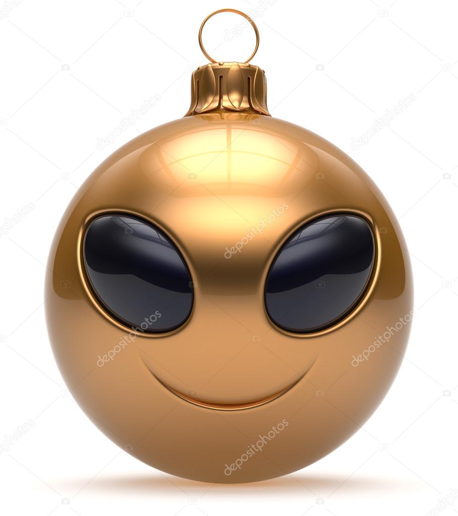 Smiley alien face Christmas ball Happy New Year bauble golden
