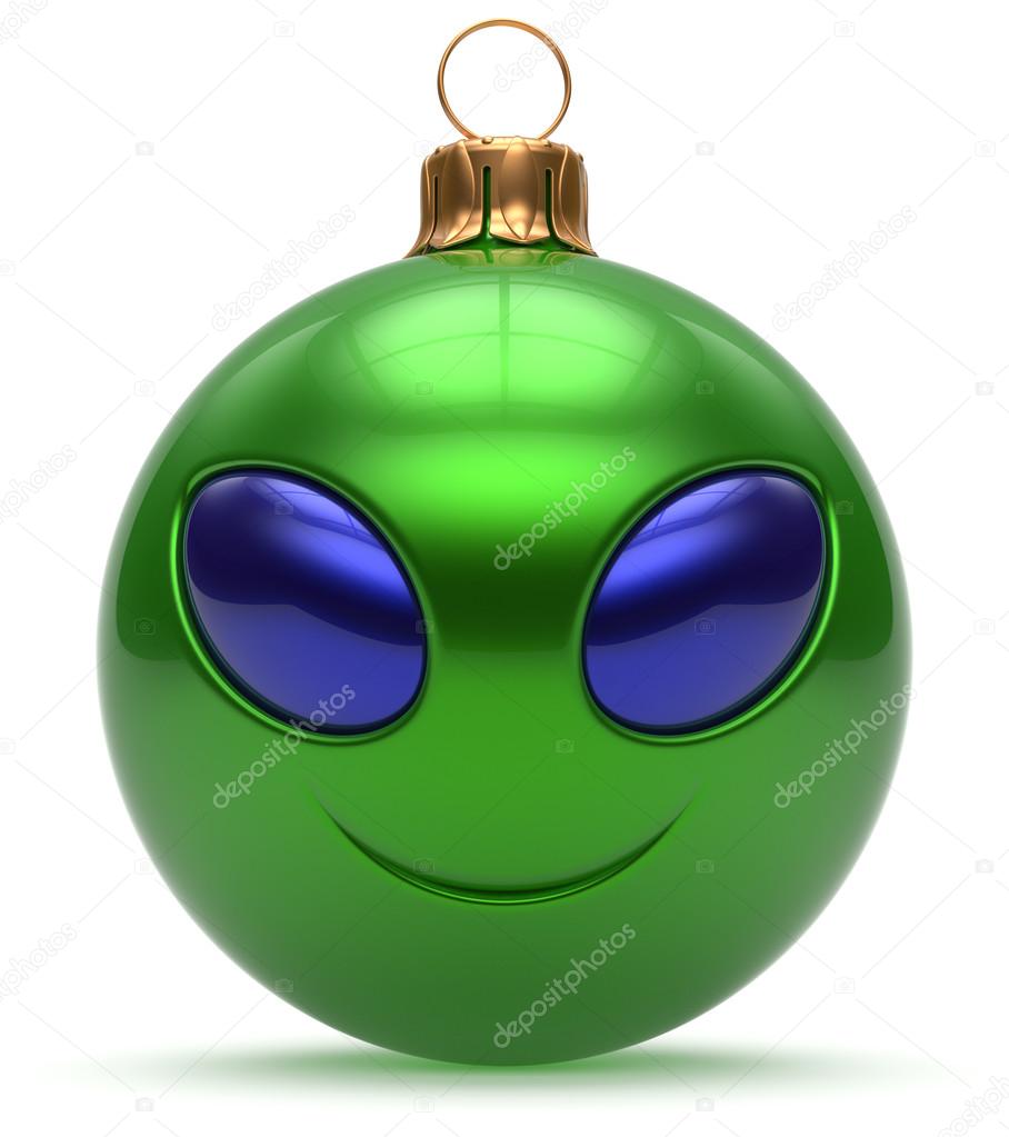 Smiley alien face Christmas ball Happy New Year bauble green